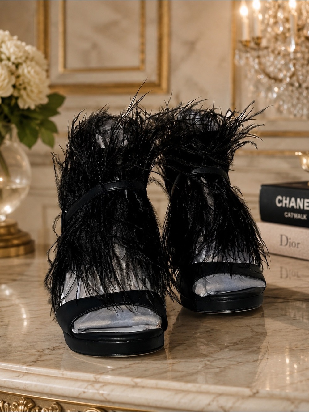Sam Edelman Jacinta Black Feathered Ankle-Strap Stiletto Glam Luxe Goth Edgy Sz5 - Picture 3 of 10